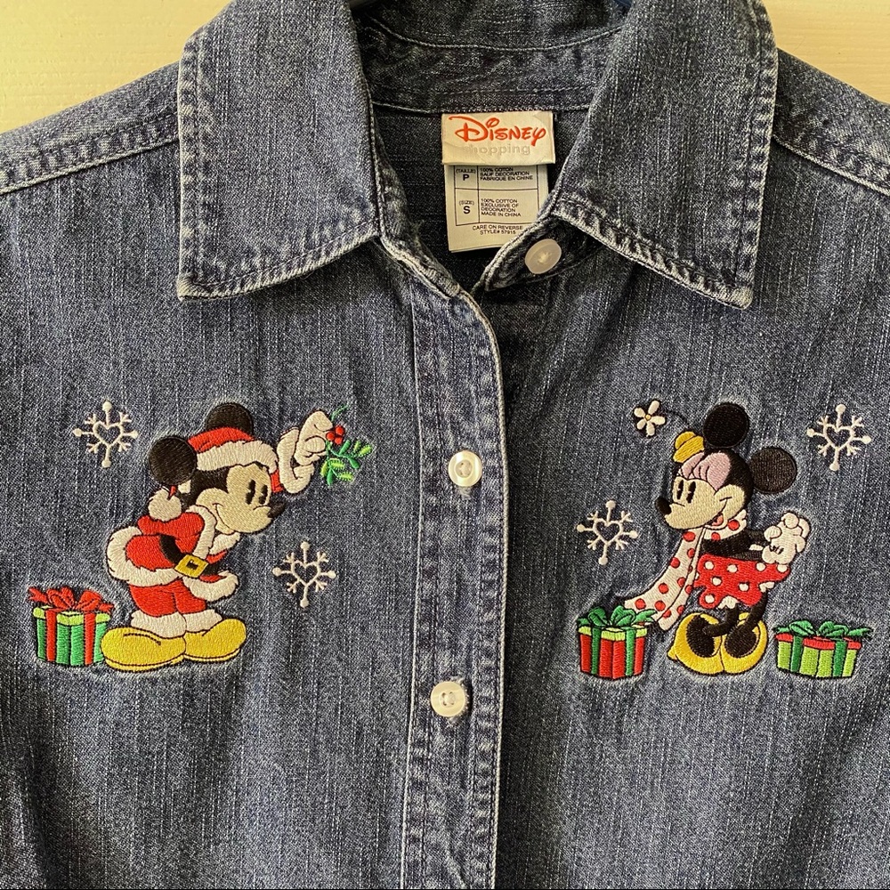 Disney Mickey Embroidered Christmas Denim Shirt